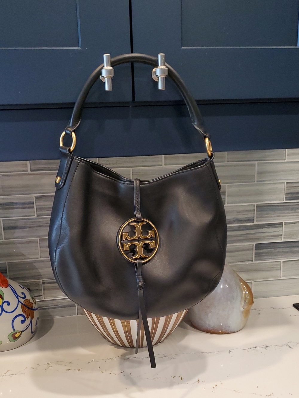 Tory Burch Miller Black Leather Hobo Bag with Gold Logo